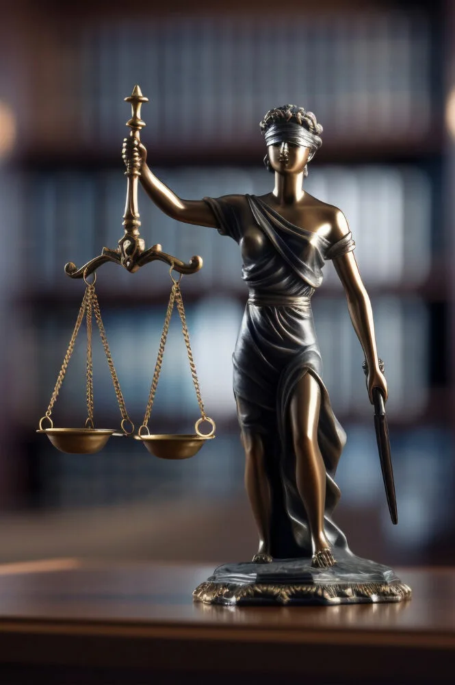 Estatua da deusa Themis com balanca da justica e livros de direito ao fundo