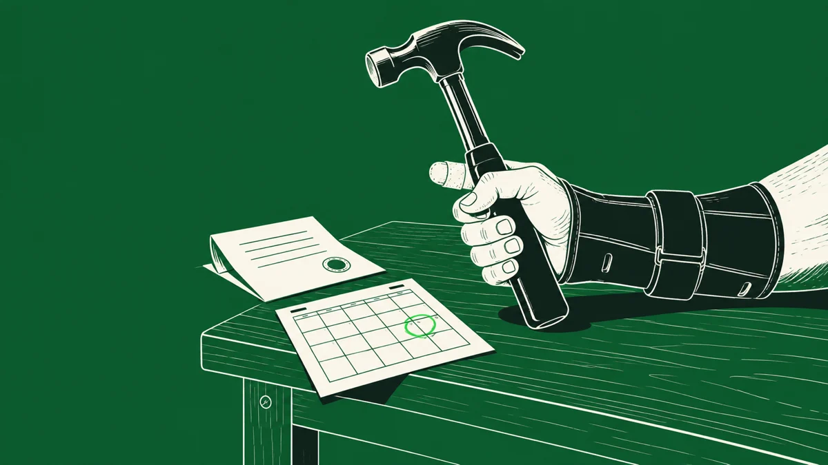 Ilustração de uma mão com tala no punho segurando um martelo sobre a bancada, ao lado de um documento e de um calendário