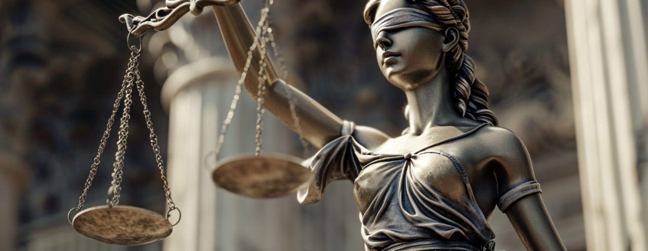 Estatua da justica com balanca em frente a colunas de tribunal